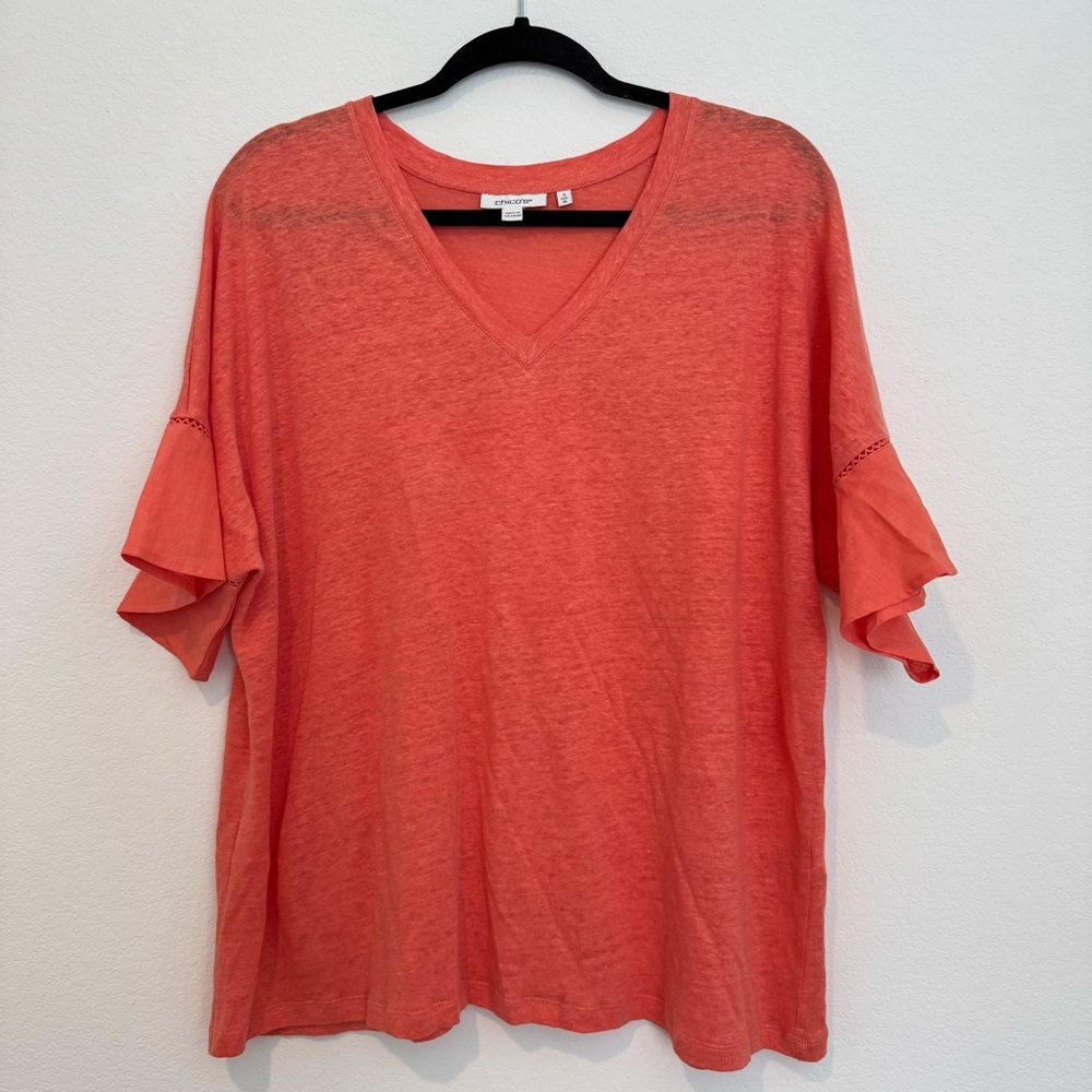 Chicos Linen Short Ruffle Sleeve V Neck Blouse Top